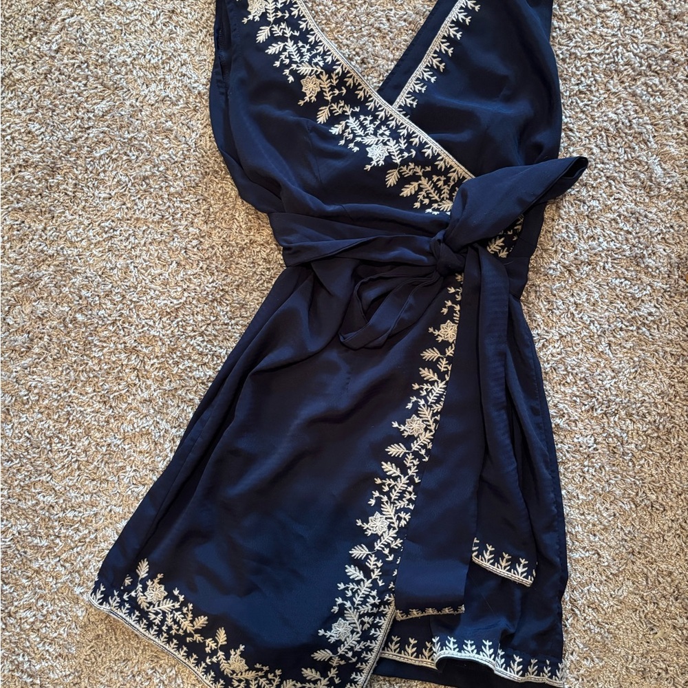 Selfie Leslie Navy Asymmetrical Dress with White Embroidery